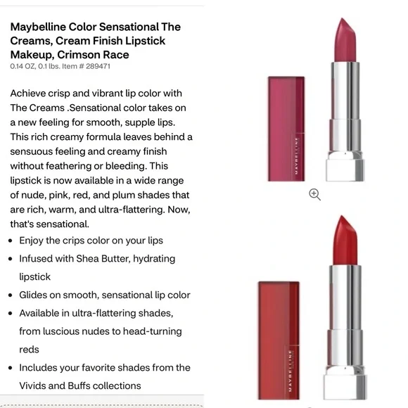 2x lot Maybelline Color Sensational Creams Lipstick - Pink Flare & Crimson Race - Picture 2 of 5